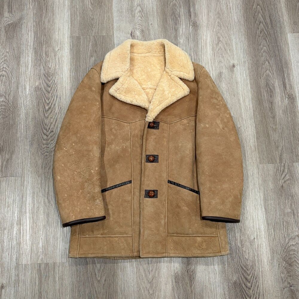 Vintage 70s Kastoria Fur Products Sheepskin Shearling Coat Jacket Tan 42